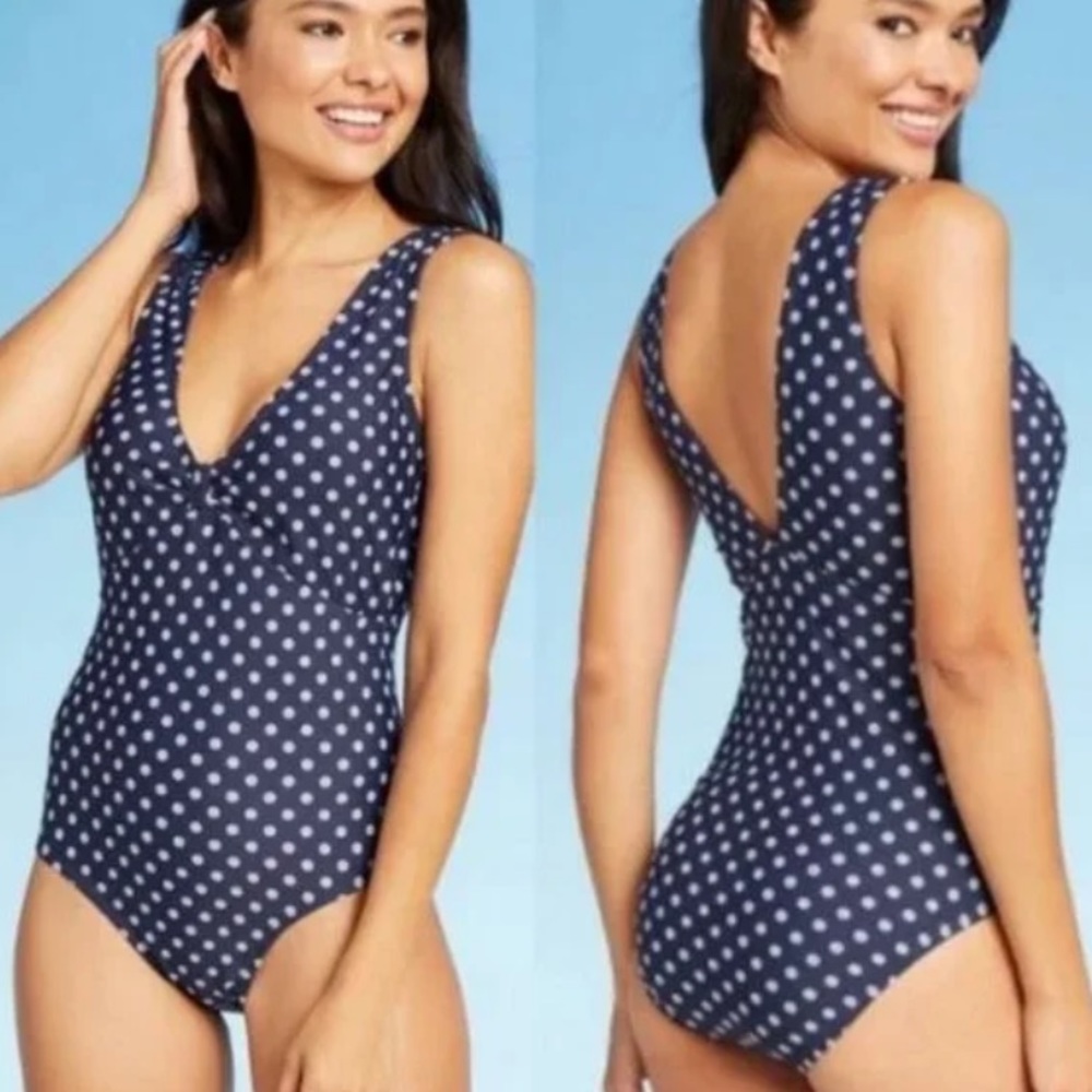 Kona Sol Navy Blue Polka Dot V Neck Plunge Back One Piece Swimsuit M/L NEW
